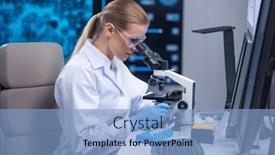  Presentation with research engineer - Cool new PPT theme with professional-female-scientist-is-working backdrop and a light blue colored foreground