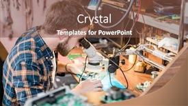  Presentation with gadget - PPT layouts with professional gadget repairman looking in microscope by workplace while trying to find problem of smartphone or tablet background and a tawny brown colored foreground