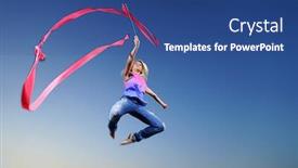  Presentation with professional gymnast - PPT layouts featuring professional gymnast woman dancer jumping with ribbon background and a ocean colored foreground