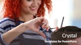  Presentation with haircut - PPT layouts having professional hairdresser making new haircut background and a tawny brown colored foreground