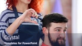  Presentation with haircut - PPT theme consisting of professional hairdresser making new haircut her handsome client background and a navy blue colored foreground