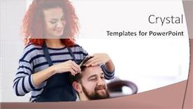  Presentation with haircut - Beautiful PPT theme featuring professional hairdresser making new haircut her handsome client backdrop and a white colored foreground