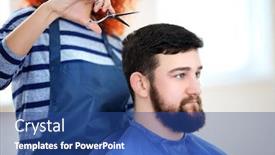  Presentation with haircut - Cool new presentation theme with professional hairdresser making new haircut her handsome client backdrop and a ocean colored foreground