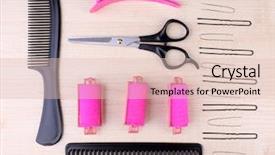  Presentation with tools - Audience pleasing PPT theme consisting of professional hairdresser tools - comb scissors backdrop and a lemonade colored foreground