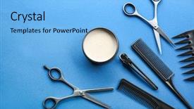  Presentation with jars clay - Presentation theme featuring hairdresser's tools and clay background and a light blue colored foreground