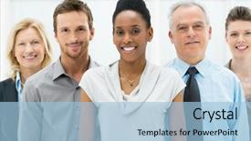  Presentation with professional - Beautiful presentation theme featuring professional - happy smiling multi ethnic business backdrop and a light blue colored foreground