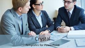  Presentation with negotiating - Slide set having professional interview - image of three business people background and a light blue colored foreground