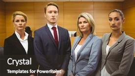  Presentation with court - Slide deck consisting of professional judgement - portrait of four well-dressed lawyer background and a tawny brown colored foreground