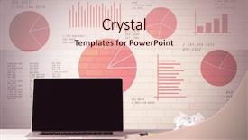  Presentation with laptop blank screen - Theme having professional laptop with blank screen sitting on a white office desk in front of wall full of pie charts and graphs concept background and a lemonade colored foreground