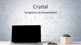  Presentation with laptop blank screen - PPT theme enhanced with professional laptop with blank screen sitting on a white office desk in front of wall full of pie charts calculations and graphs concept background and a white colored foreground