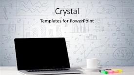  Presentation with laptop blank screen - Presentation having professional laptop with blank screen sitting on a white office desk in front of wall full of pie charts calculations and graphs concept background and a white colored foreground