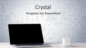  Presentation with laptop blank screen - Audience pleasing presentation theme consisting of professional laptop with blank screen sitting on a white office desk in front of wall full of pie charts calculations and graphs concept backdrop and a white colored foreground