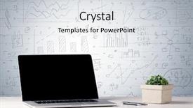 Presentation with laptop blank screen - Slide deck consisting of professional laptop with blank screen sitting on a white office desk in front of wall full of pie charts calculations and graphs concept background and a light gray colored foreground