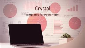  Presentation with laptop blank screen - PPT theme consisting of professional laptop with blank screen sitting on a white office desk in front of wall full of pie charts and graphs concept background and a lemonade colored foreground