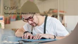  Presentation with leather craft work table - Presentation theme having professional-leatherworker-in-beanie-hat background and a coral colored foreground