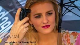  Presentation with makeup artist - Colorful slide set enhanced with professional makeup artist applies makeup to a model during a commercial photo shoot backdrop and a gold colored foreground