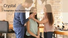  Presentation with makeup artist - Colorful PPT theme enhanced with professional makeup artist teaching trainee backdrop and a coral colored foreground