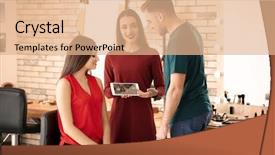  Presentation with makeup artist - PPT theme featuring professional makeup artist teaching trainee background and a coral colored foreground