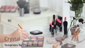  Presentation with makeup artist - PPT theme featuring professional-makeup-artist-with-cosmetics background and a soft green colored foreground