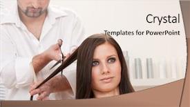  Presentation with haircut - Audience pleasing slide deck consisting of professional male hairdresser cut with scissors at salon customer getting new haircut backdrop and a sky blue colored foreground