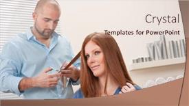  Presentation with haircut - Cool new presentation theme with professional male hairdresser cut with scissors at salon female red hair customer getting new haircut backdrop and a sky blue colored foreground