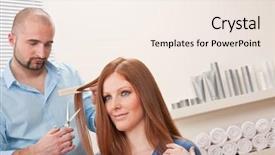  Presentation with haircut - Colorful theme enhanced with professional male hairdresser cut with scissors at salon female red hair customer getting new haircut backdrop and a sky blue colored foreground