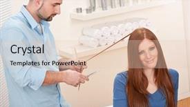  Presentation with haircut - Theme featuring professional male hairdresser cut with scissors at salon female red hair customer getting new haircut background and a lemonade colored foreground
