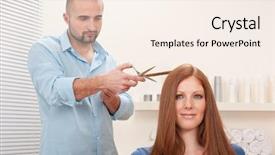  Presentation with haircut - Cool new PPT theme with professional male hairdresser cut with scissors at salon female red hair customer getting new haircut backdrop and a cream colored foreground