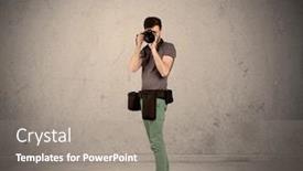  Presentation with professional - Amazing slides having professional male photographer with belt holding a camera and taking photos in front of clear grey urban wall background concept backdrop and a gray colored foreground