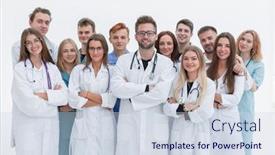  Presentation with medical teamwork - Amazing presentation design having professional-medical-center-staff-standing backdrop and a sky blue colored foreground