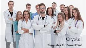  Presentation with medical teamwork - Presentation theme consisting of professional-medical-center-staff-standing background and a light gray colored foreground