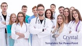  Presentation with medical teamwork - Presentation theme enhanced with professional-medical-center-staff-standing background and a sky blue colored foreground