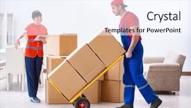  Presentation with home depot - PPT theme featuring professional movers doing home relocation background and a sky blue colored foreground