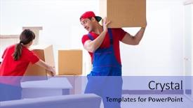  Presentation with professional - Audience pleasing slide deck consisting of professional movers doing home relocation backdrop and a  colored foreground