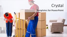  Presentation with home depot - Slide set consisting of professional movers doing home relocation background and a sky blue colored foreground