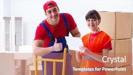  Presentation with collaboration health professional - Presentation with professional movers doing home relocation background and a coral colored foreground