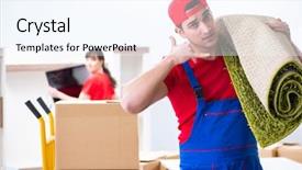  Presentation with home depot - PPT theme with professional movers doing home relocation background and a sky blue colored foreground