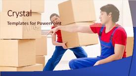  Presentation with professional - Cool new PPT theme with professional movers doing home relocation backdrop and a  colored foreground