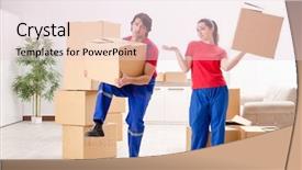  Presentation with professional analog audio - Audience pleasing PPT theme consisting of professional movers doing home relocation backdrop and a  colored foreground