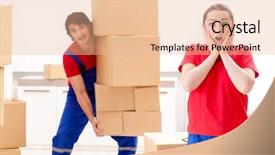  Presentation with home depot - Slides featuring professional movers doing home relocation background and a  colored foreground