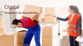  Presentation with professional birthday - Slide set with professional movers doing home relocation background and a  colored foreground