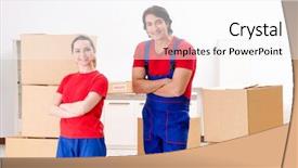  Presentation with professional portfolio - Audience pleasing presentation theme consisting of professional movers doing home relocation backdrop and a white colored foreground