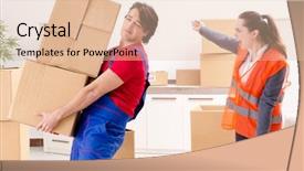  Presentation with professional - Colorful presentation design enhanced with professional movers doing home relocation backdrop and a lemonade colored foreground