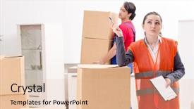 Presentation with simples professional - Slides having professional movers doing home relocation background and a lemonade colored foreground