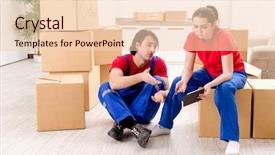 Presentation with professional - Colorful presentation design enhanced with professional movers doing home relocation backdrop and a  colored foreground