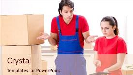  Presentation with professional - Audience pleasing slide set consisting of professional movers doing home relocation backdrop and a  colored foreground