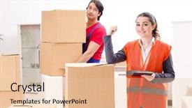  Presentation with professional - Beautiful PPT theme featuring professional movers doing home relocation backdrop and a lemonade colored foreground