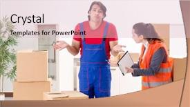  Presentation with professional learning community - Slide set with professional movers doing home relocation background and a  colored foreground