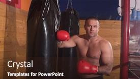  Presentation with professional training - Cool new presentation with professional muscular kick boxer training on a punching bag while preparing for the next fight backdrop and a wine colored foreground