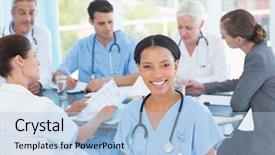  Presentation with working - Beautiful presentation theme featuring professional nurse - male and female doctors working backdrop and a light blue colored foreground